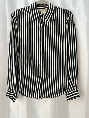 Jones New York Country Black and White Vertical Stripe Silk Button-Up Blouse
